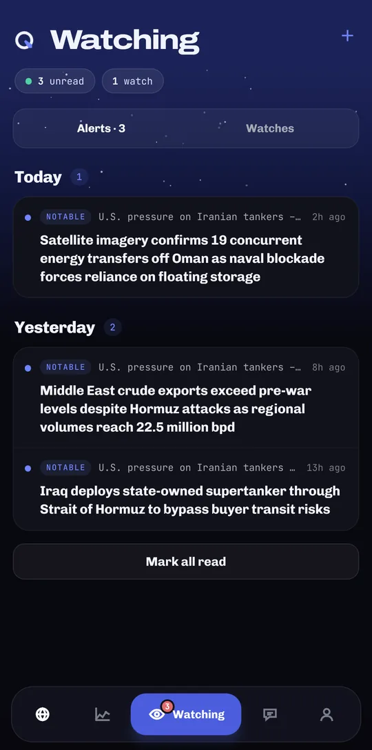 The STELQ app's Watching tab: three unread alerts on a followed story